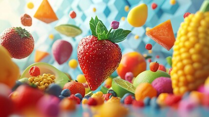A symbolic 3D rendering of fresh produce and grains floating in a geometric pattern, emphasizing the theme of a balanced diet and plant-based eating. The bright colors add energy to the composition.