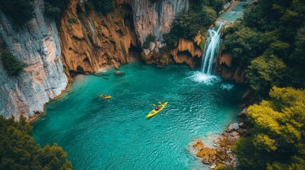 Kayakers Explore River Coves and Waterfalls in Scenic Cliffs