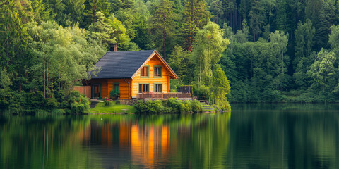 Fototapeta premium Sunset on the lake with a red wooden house on the shore
