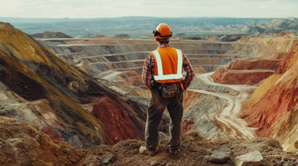 Clad in protective gear, a dedicated copper mining worker stands against the rugged mountains, showcasing the resilience needed in mining