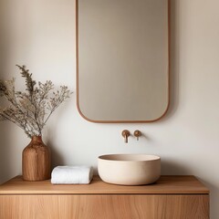 Minimal bath retreat, wooden accents, large mirror, serene