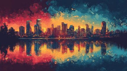 Obraz premium Vancouver, Canada, Pop Art style theme print. Cityscape, city skyline.Vibrant, bright, modern, trendy, graphic designed for poster, card, wallpaper