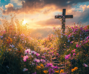 A Christian wooden cross in a field of wild flowers with sunrise in the background 
