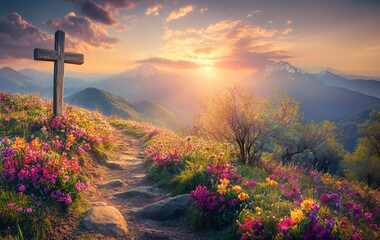 Christian wooden cross at the end of a path on the top of a hill in a field of flowers with mountain sunrise in the background. Room for text