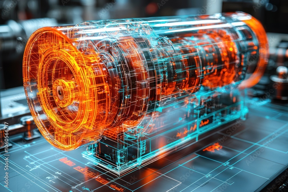 Aufkleber transparent 3d model of a complex machine with orange and blue glowing lines