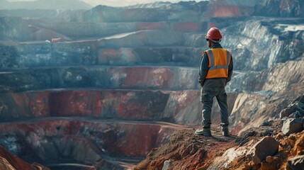 Positioned before an expansive mountain quarry, a copper mine worker in full safety gear symbolizes strength and perseverance