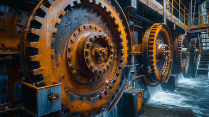Close up on mechanical gate controls showcasing large, rusted gears and flowing water, highlighting industrial engineering and machinery in action