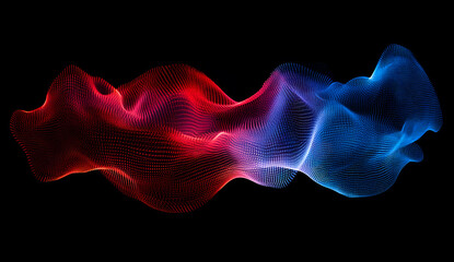 Fototapeta premium 3D render of a red and blue gradient wave made from glowing dots on a black background