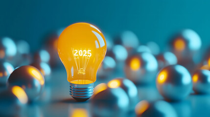 new year 2025 , A yellow light bulb  , Generative ai