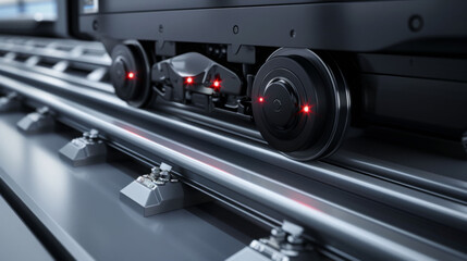 Close up on sleek design of light rail vehicle showcasing its wheels and track system, highlighting modern engineering and technology in urban transport
