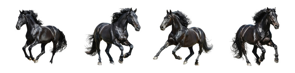 Obraz premium Collection of black horse set race poses isolated on transparent background cutout png