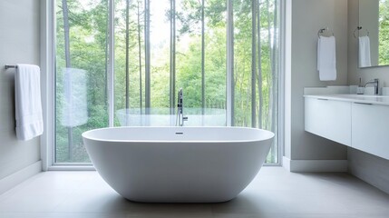 Fototapeta premium Modern bath retreat, glass walls, large freestanding tub, serene surroundings