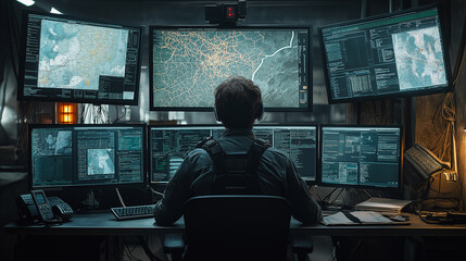 Cybersecurity Analyst Monitoring Multiple Data Feeds On Large Screens In A Dark Room, Surrounded By High-Tech Surveillance Equipment