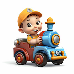 A cheerful cartoon boy driving a toy train while wearing a bright orange cap outdoors