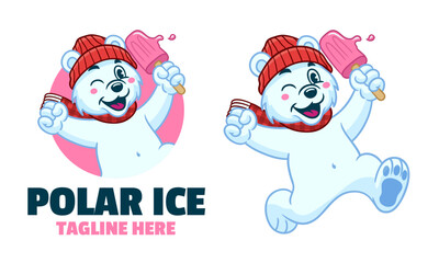 Cheerful Polar Bear Holding Ice Cream Mascot