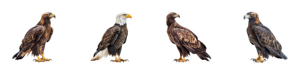 Fototapeta premium Collection of golden bald eagle, set of hawk or falcon isolated on transparent background cutout png