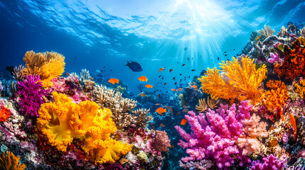 Naklejka premium A breathtaking underwater scene showcasing a vibrant coral garden teeming with colorful marine life. Underwater Coral Garden. Illustration