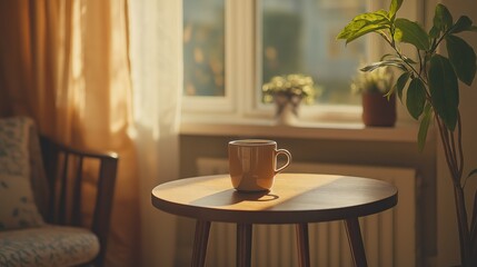 A serene morning moment featuring a steaming cup of coffee on a wooden table beside a cheerful potted plant, illuminated by soft sunlight streaming through the window.