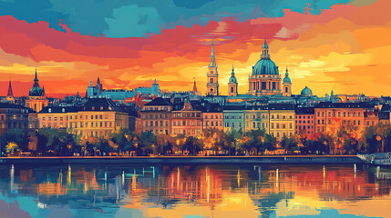 Obraz premium Vienna, Austria, Pop Art style theme print. Cityscape, city skyline.Vibrant, bright, modern, trendy, graphic designed for poster, card, wallpaper