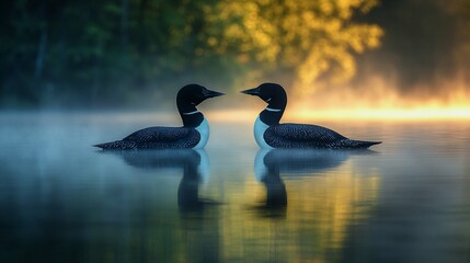 Obraz premium Early Morning Lake with Mist and Loons Calling