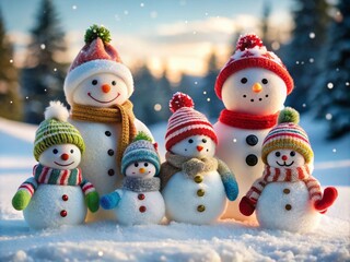 Obraz premium Snowman Family with Little Snow Kids