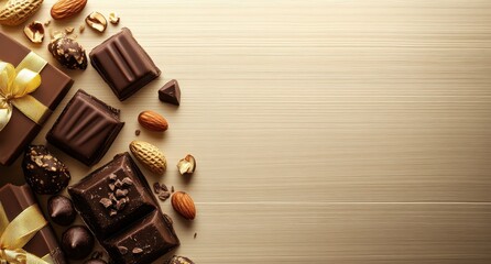 Chocolate Pieces and Nuts on Beige Background	