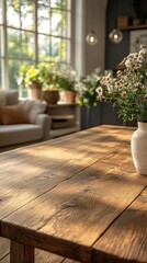 empty wooden tabletop against a blurred living room interior ideal for showcasing products or presentations framed by warm ambient lighting that evokes a cozy inviting atmosphere