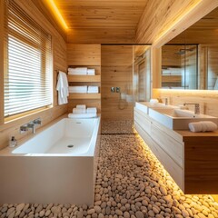 Nature-inspired bath retreat, pebble flooring, wooden walls, relaxing vibe