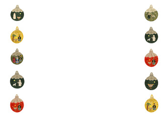 Christmas tree vintage decorative ball with nativity scene horizontal frame isolated on white in watercolor. Illustration for posters, cards, stickers, posters, advent calendar, banner, New Year