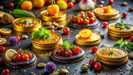 Gourmet Coin Inspired Cuisine: Unique Food Presentation with Edible Coins, Exotic Ingredients, and Creative Plating for Stunning Food Photography