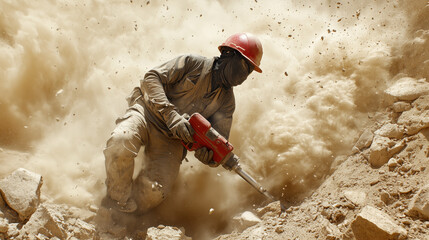 Action shot of miner using pneumatic drill in dusty environment