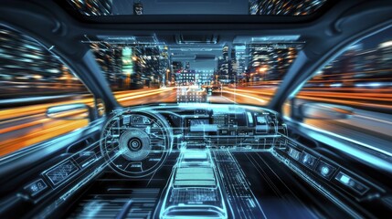 Comprehensive digital model of an autonomous vehicle system, highlighting sensor technologies, data flows, and city environments.