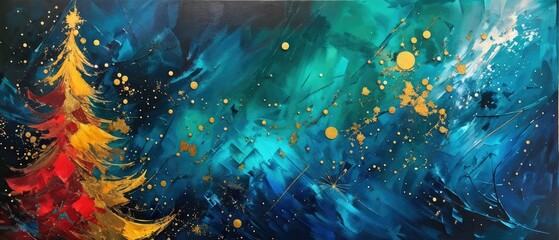 Abstract Christmas Tree with Gold and Blue Tones