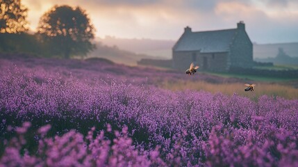 Wild Heather Meadow with Bees and Rustic Farmhouse in the Background