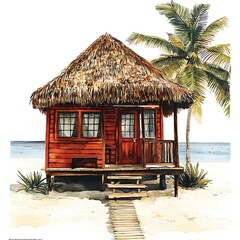 Fototapeta premium Watercolor Illustration of a Tropical Beach Hut with Palm Tree.