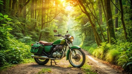 Obraz premium Green Motorcycle Adventure on Forest Trail: Embrace Outdoor Exploration with Saddlebags for Ultimate Freedom and Discovery in Nature