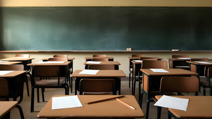 Image of a classroom or lecture room which is used for education for kids and teenagers mostly. Blackboard, tables, chairs, pencils and paper