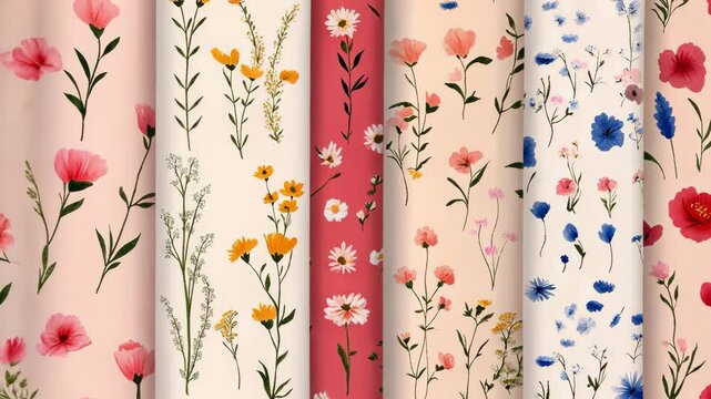 Five different floral patterns with various colors and flower types
