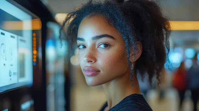 a woman scans her fingerprint on a modern timekeeping machine capturing a blend of technology and workplace efficiency in a contemporary office environment