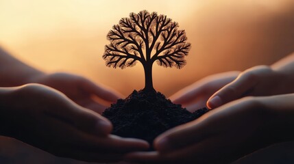 Nurturing a growing tree in collaborative hands to promote environmental awareness and sustainability