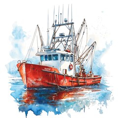 Fototapeta premium Watercolor Painting of a Red Fishing Boat on the Water.