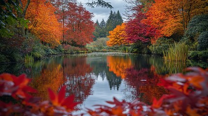 Fototapeta premium Autumn Pond Reflections with Maple Trees and Colorful Leaves