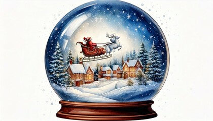 Santa&rsquo;s sleigh snow globe, flying above a snowy town, white backdrop, watercolor style