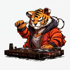 A tiger DJ mixing tracks in an urban setting while wearing a cool jacket at night