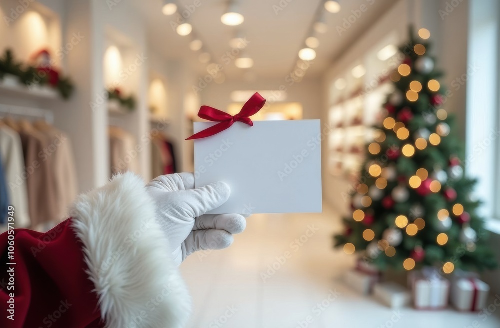 Wall mural Blank white card for text in Santa Claus' hand. In the background is a festively decorated clothing store