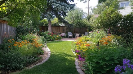 Naklejka premium Beautifully landscaped back garden with a seating area, surrounded by colorful blooms