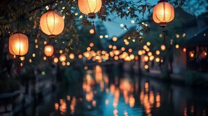 Lanterns illuminating a serene waterway at dusk, creating a magical and peaceful atmosphere.