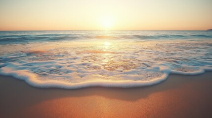 Fototapeta premium As the sun sets on the horizon, warm golden hues illuminate the tranquil waves gently lapping the sandy shore. The peaceful ambiance invites a moment of serene reflection.