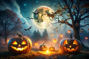 Naklejka premium Halloween Pumpkin Glowing in Spooky Atmosphere with Flying Ghosts at Night - Perfect for Halloween Decor and Seasonal Celebrations