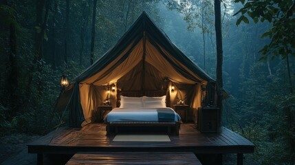 Fototapeta premium Comfortable glamping tent with bed, soft lighting, and forest views